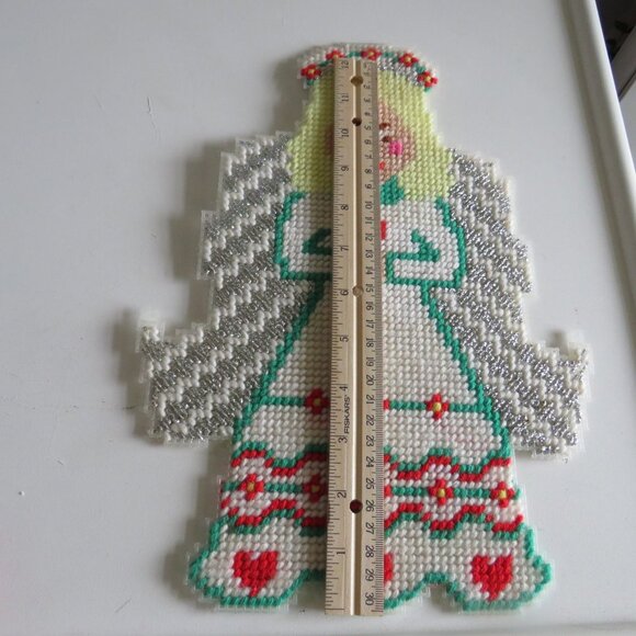 Angel Red & Teal Green Silver Vintage Plastic Canvas Retro Christmas Wall Decor - Picture 2 of 3